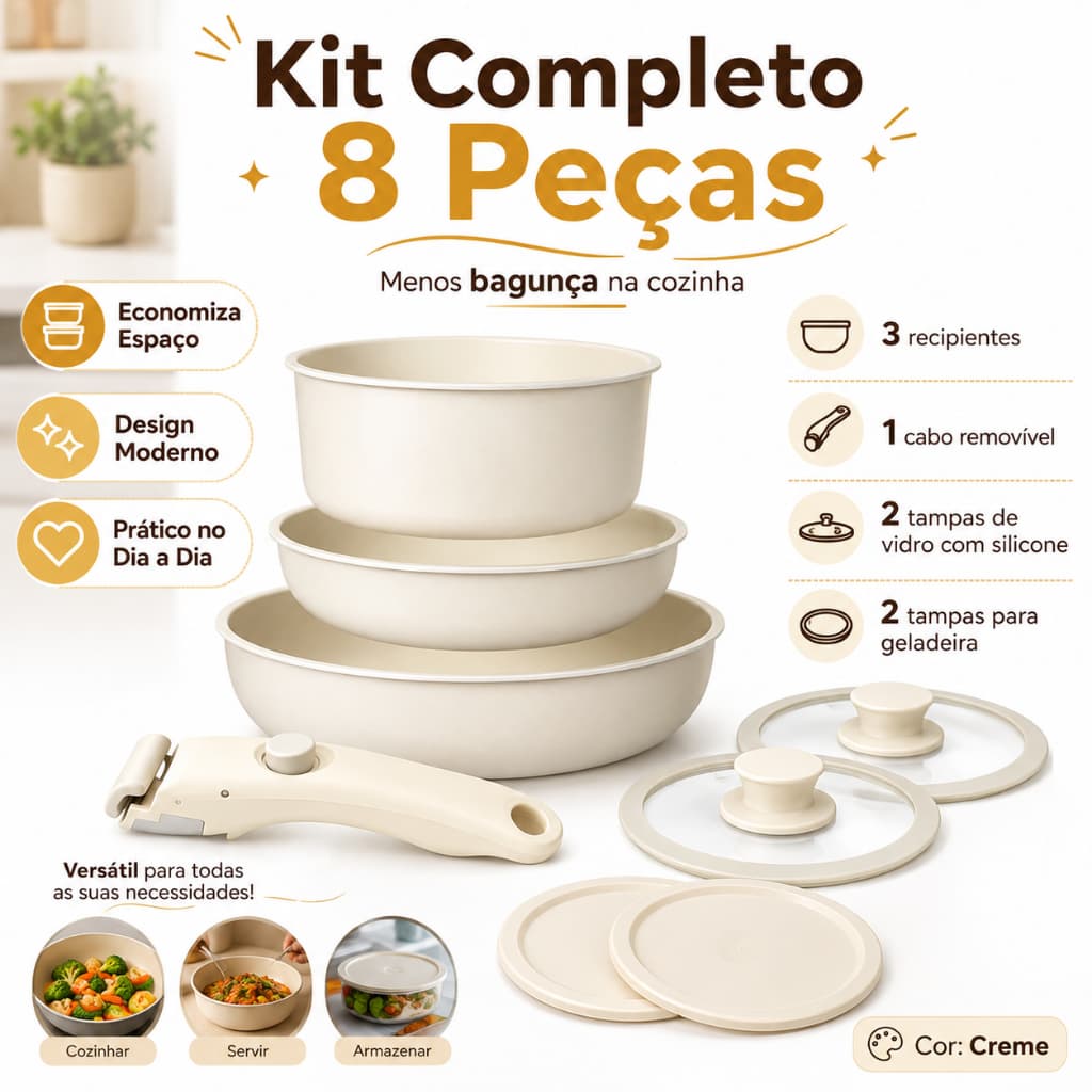 Jogo de Panelas 8 Peças com Cabo Removível 3 Recipientes Tampas de Vidro e Tampas para Geladeira Cor Creme