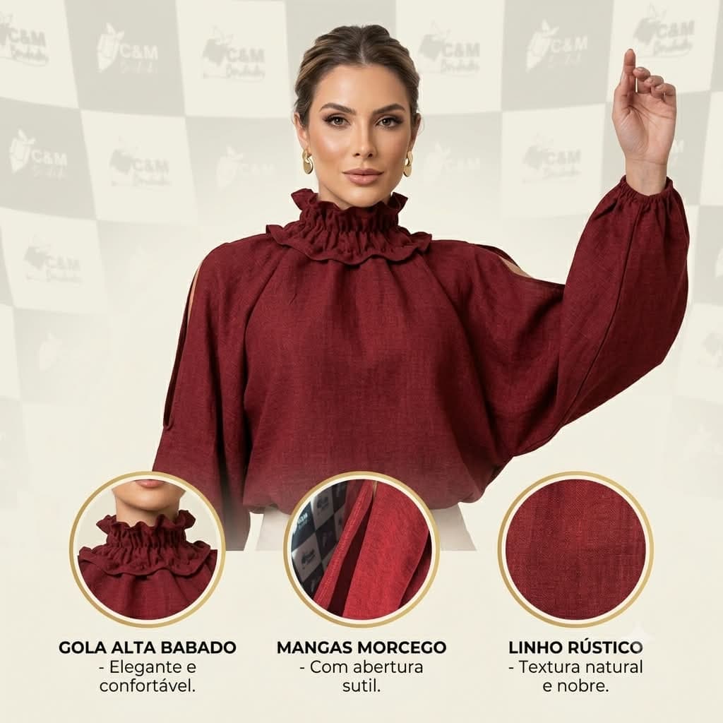 Blusa Feminina Linho Rústico Gola Alta Manga Morcego Moda Elegante Social Evangélica