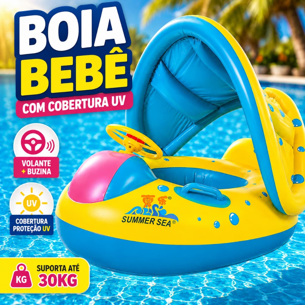 Boia Bebê Infantil com Cobertura UV para Piscina Bote Inflável Carrinho Volante Buzina Proteção Solar