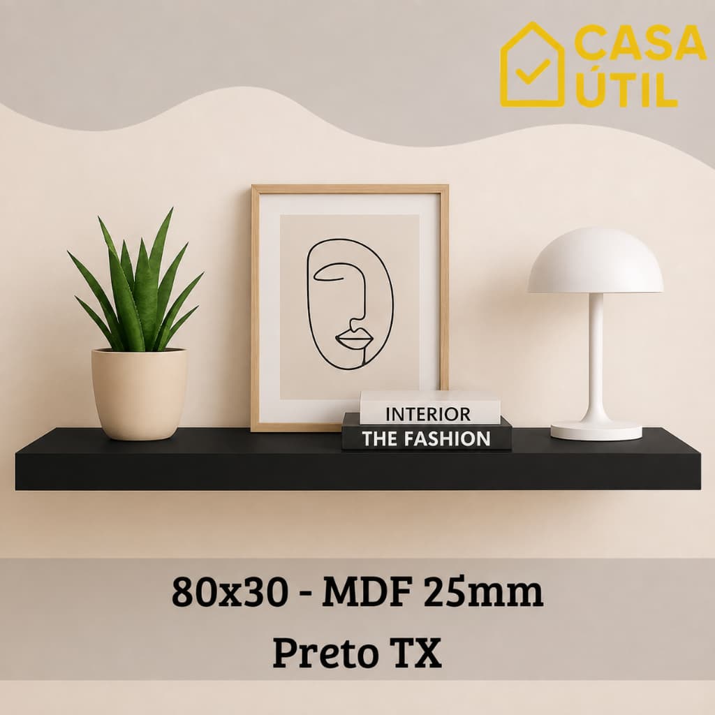 Prateleira Flutuante 80x30 cm MDF 25mm Preto com Suporte Invisível Reforçado Sala Cozinha e Quarto