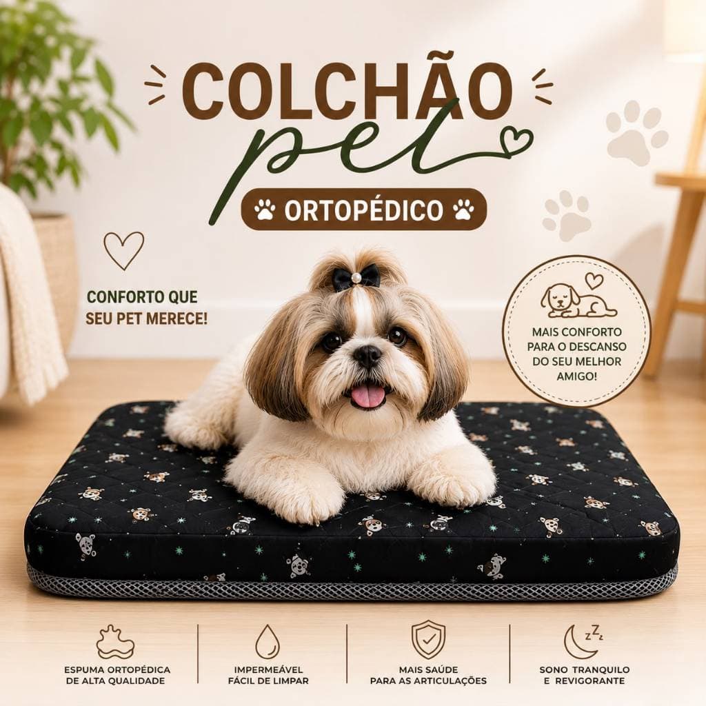 Colchão Cama Pet Ortopédico Impermeável Estampado Preto Tam. P Para Cão Gato