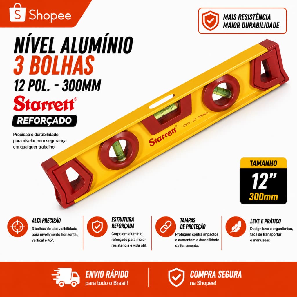 Nível em Alumínio Com 3 Bolhas 12'' 300mm 30cm Com perfil Starrett KLIS12-S I-Beam