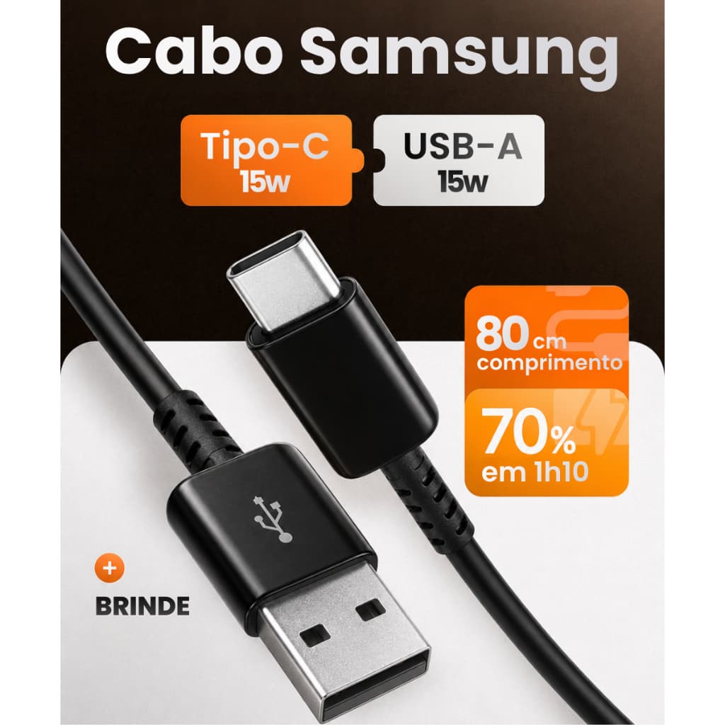 Cabo Samsung Original Turbo USB Tipo C Carregador Carga Rápida Galaxy A05 A06 A15 A16 A25 A35 A54 A55 S20 FE S21
