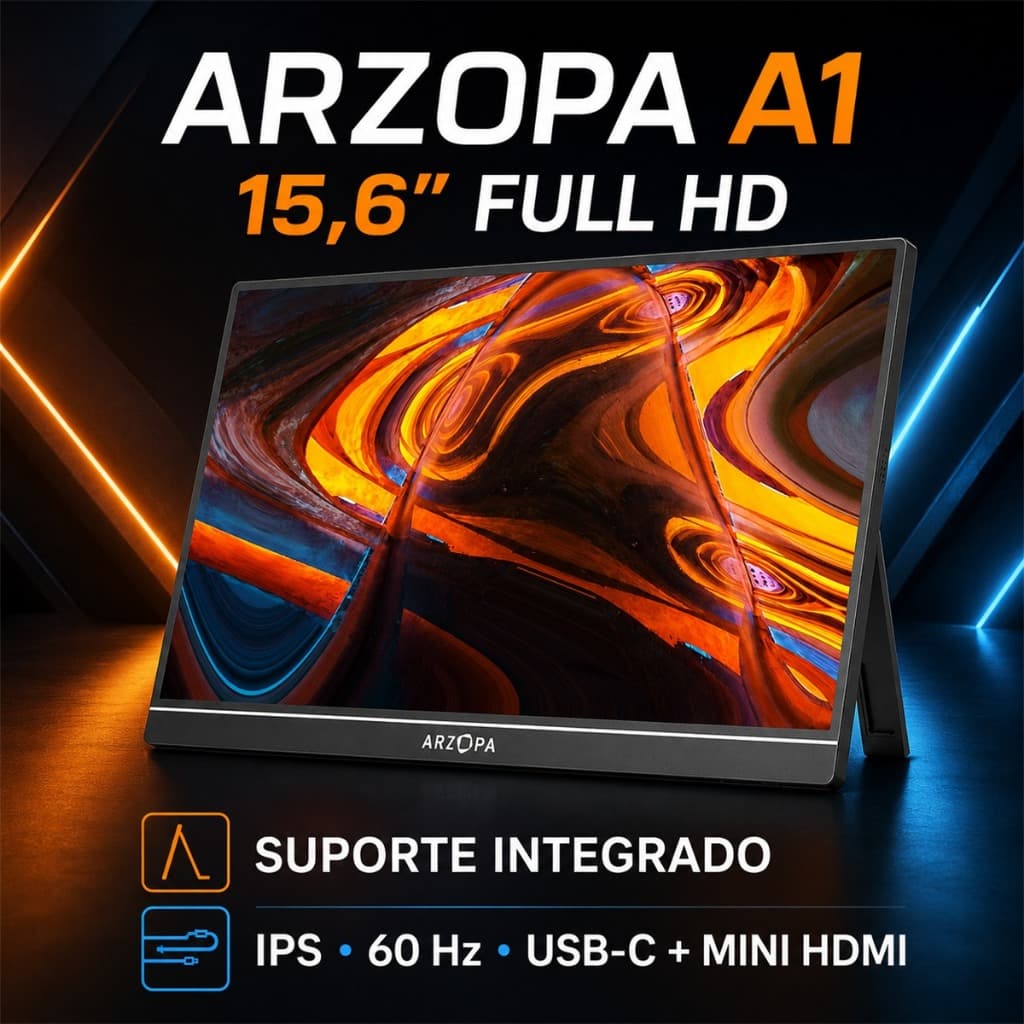 Monitor Portátil ARZOPA A1 15,6” Full HD IPS 60Hz USB-C Mini HDMI HDR10 com Suporte Integrado