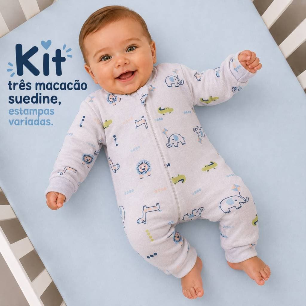 Macacão Bebê Menino Tecido 100% Algodão Suedine com Zíper Kit com 1 ou 3 Unidades Estampas Variadas