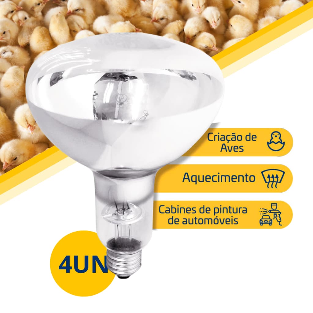Kit 4 Lâmpada Infravermelho Secagem 250w 220v aquece aves pintinho porco tintas