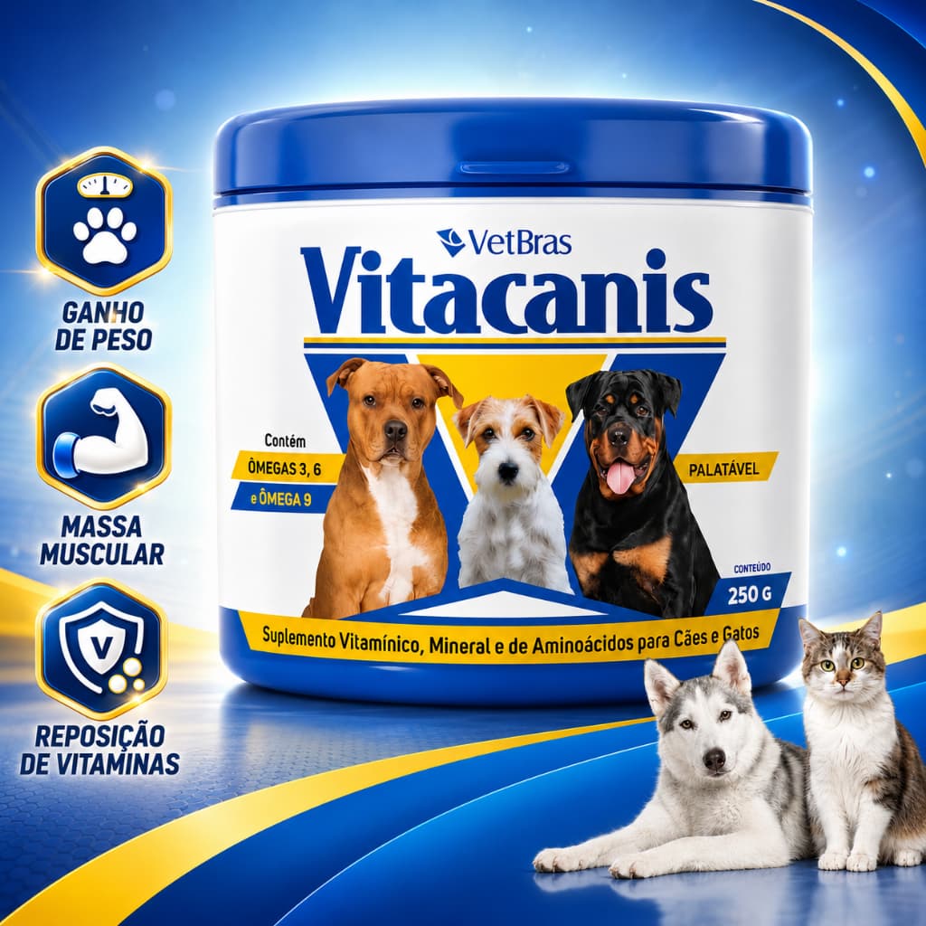 Vitacanis VetBras 250g Suplemento Vitamínico Cães e Gatos Ganho de Massa Muscular Peso reposição de Vitaminas