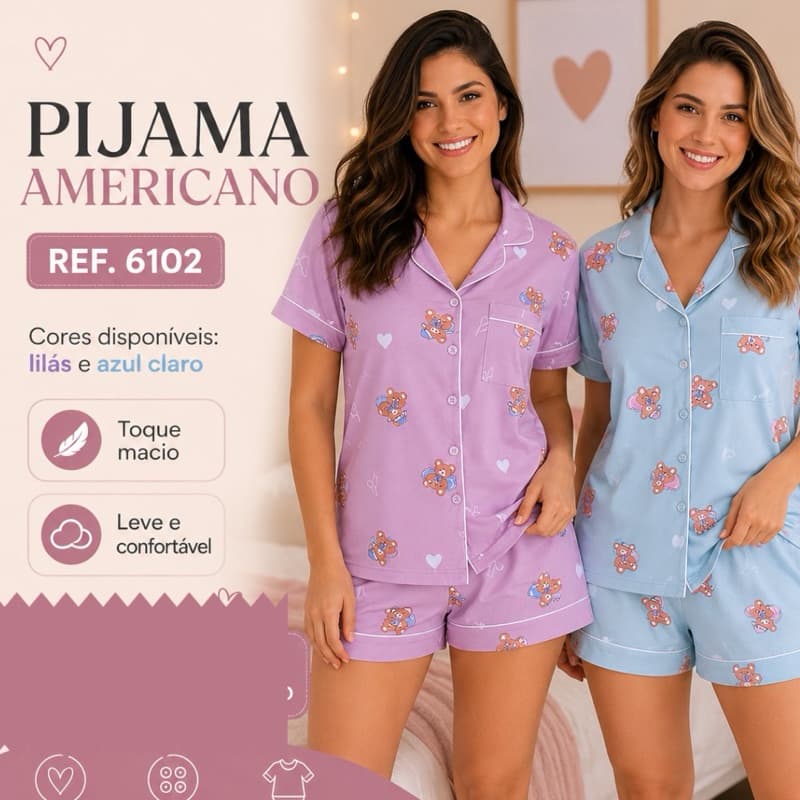 Pijama Americano Curto Feminino Algodao  com Botões Short e Camisa Maternidade Cirurgia
