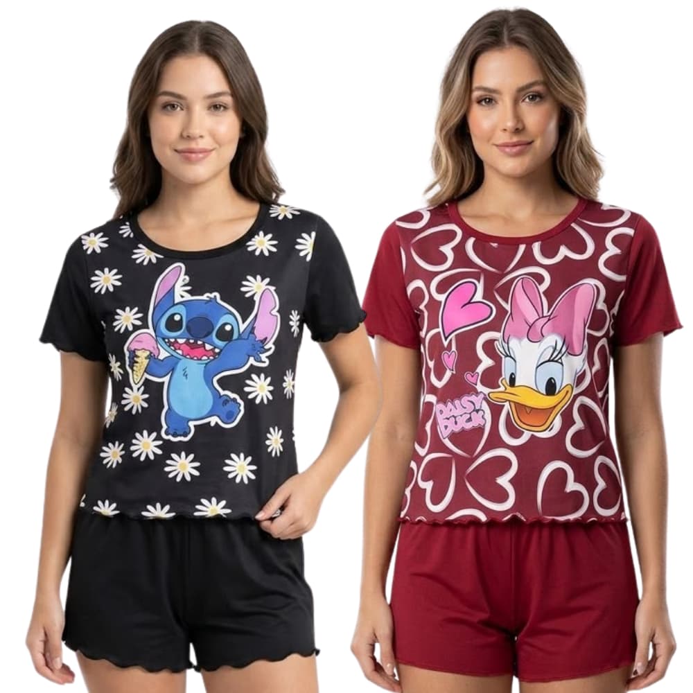 KIT 3 Baby Doll Pijama Feminino Roupa de Dormir Varias Estampas