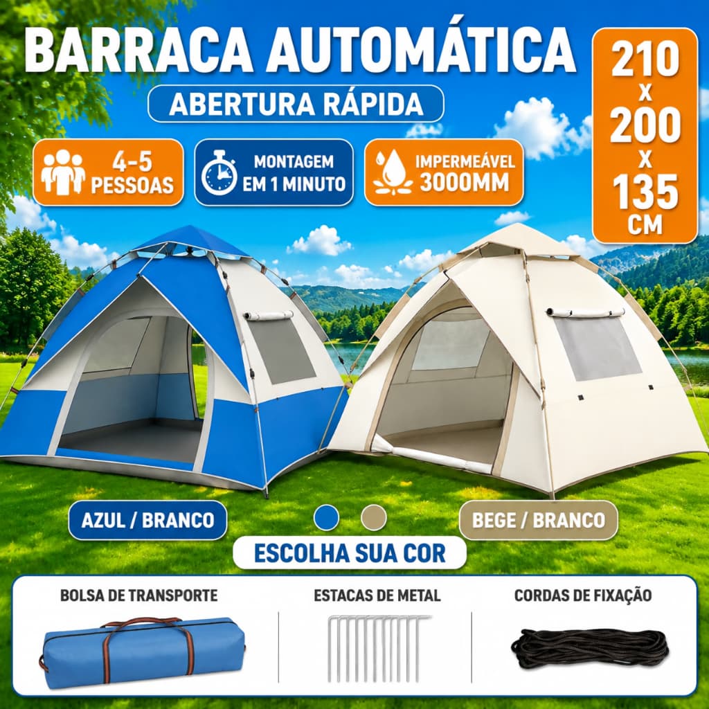 Barraca de Camping Automática 4-5 Pessoas 210x200x135cm Oxford 210D Impermeável Montagem Rápida com Bolsa