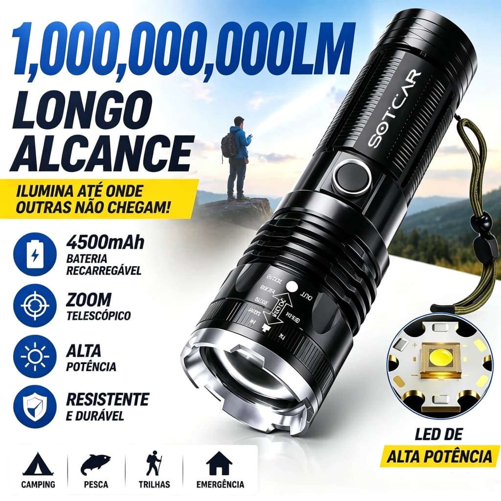 Lanterna LED mais poderosa 100000000LM forte luz táctica tocha grande luz recarregável tocha A