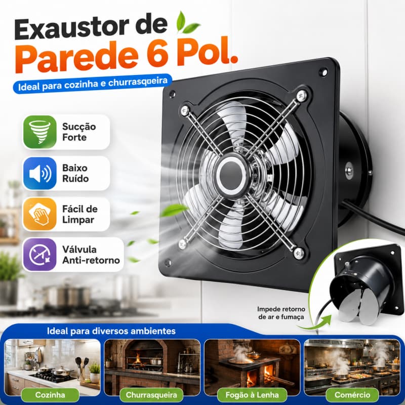Exaustor de Parede 6 Pol 150mm 40W 220V com Válvula Anti-retorno para Cozinha Banheiro Lavanderia