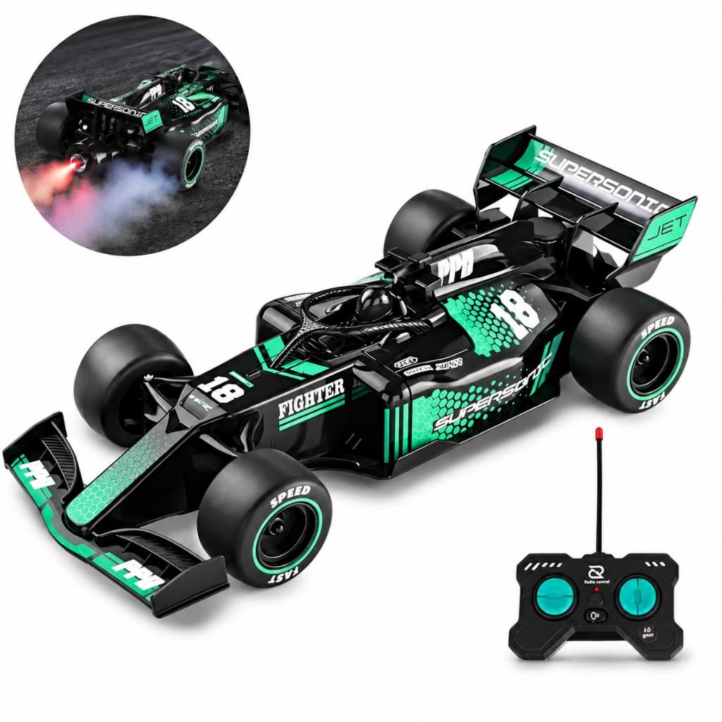 Carrinho Fórmula 1 Controle Remoto Recarregável USB Solta Fumaça Brinquedo Infantil Carro de Corrida com Luz e Som 2.4G