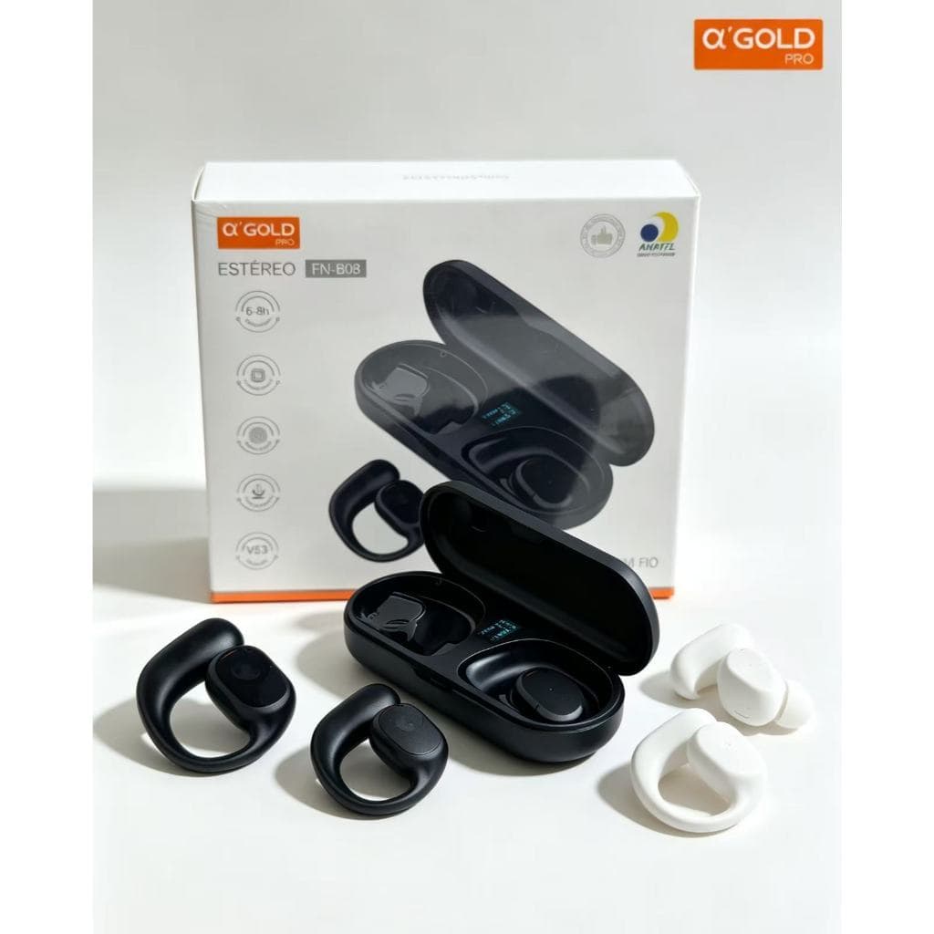 Fone De Ouvido OWS Aberto FN‑B08 Bluetooth 5.3 Sem Fio, Estéreo, Microfone, Touch, Bateria de Longa Duração, Cores Preto