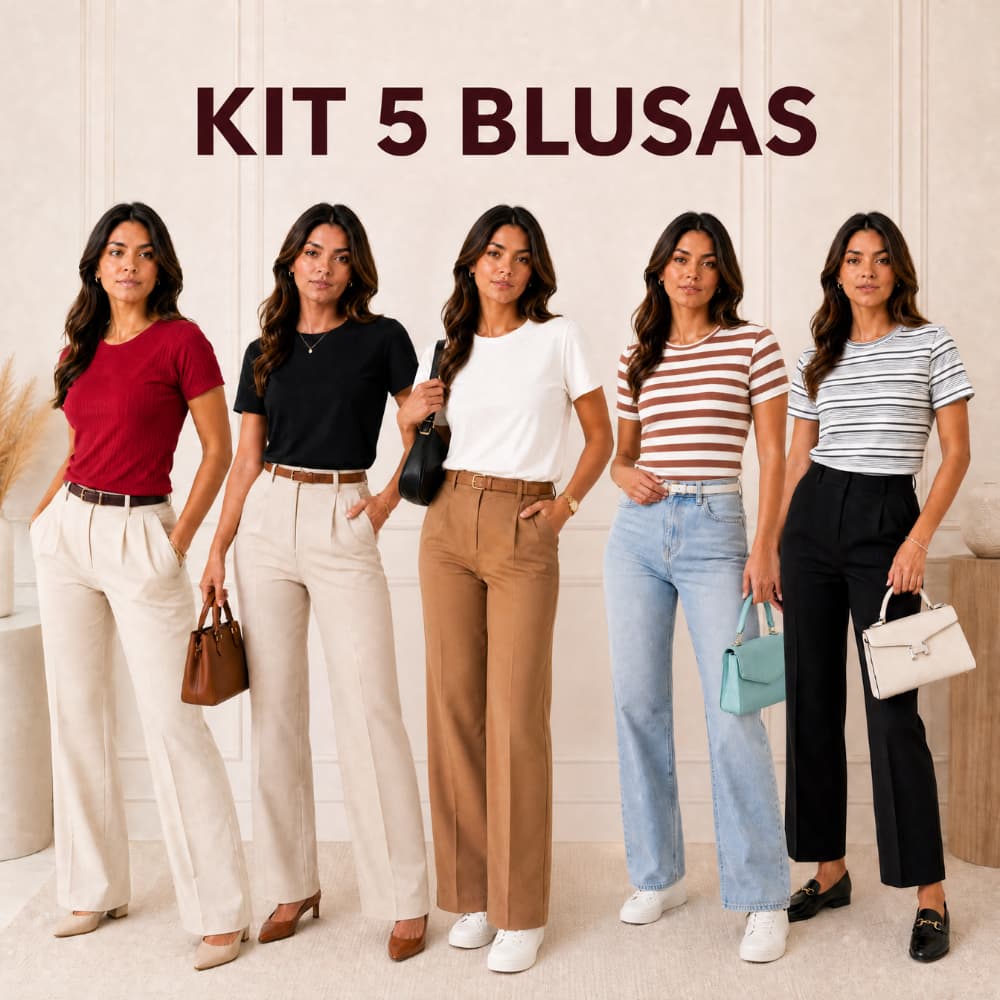 Kit 5 Blusas Femininas Gola Redonda Básica Manga Curta Casual Lisa Confortável Moda