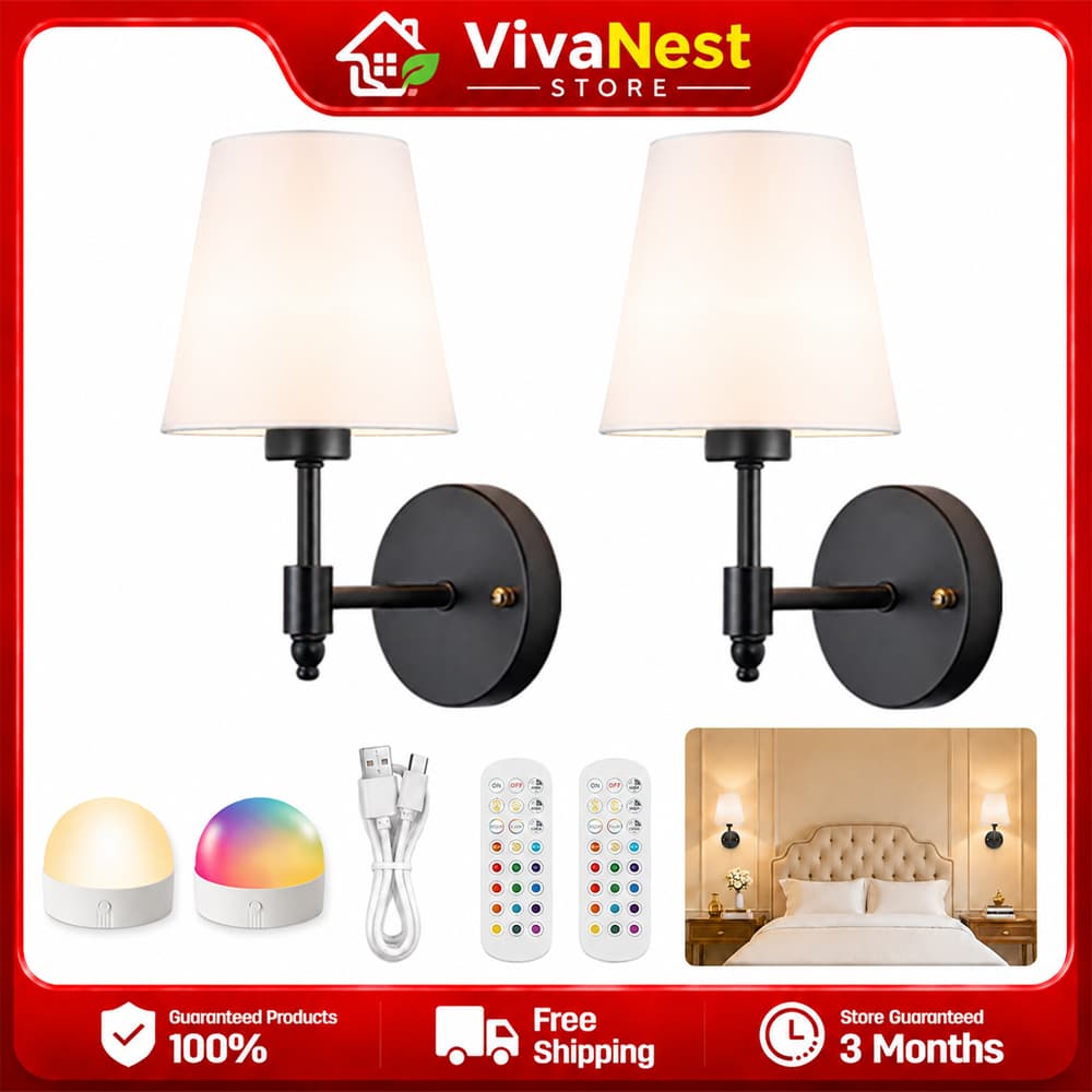 Kit 2 Arandela LED Parede Interna, Luminária Decorativa Dourada com Tecido Bege e Controle Remoto RGB Recarregável