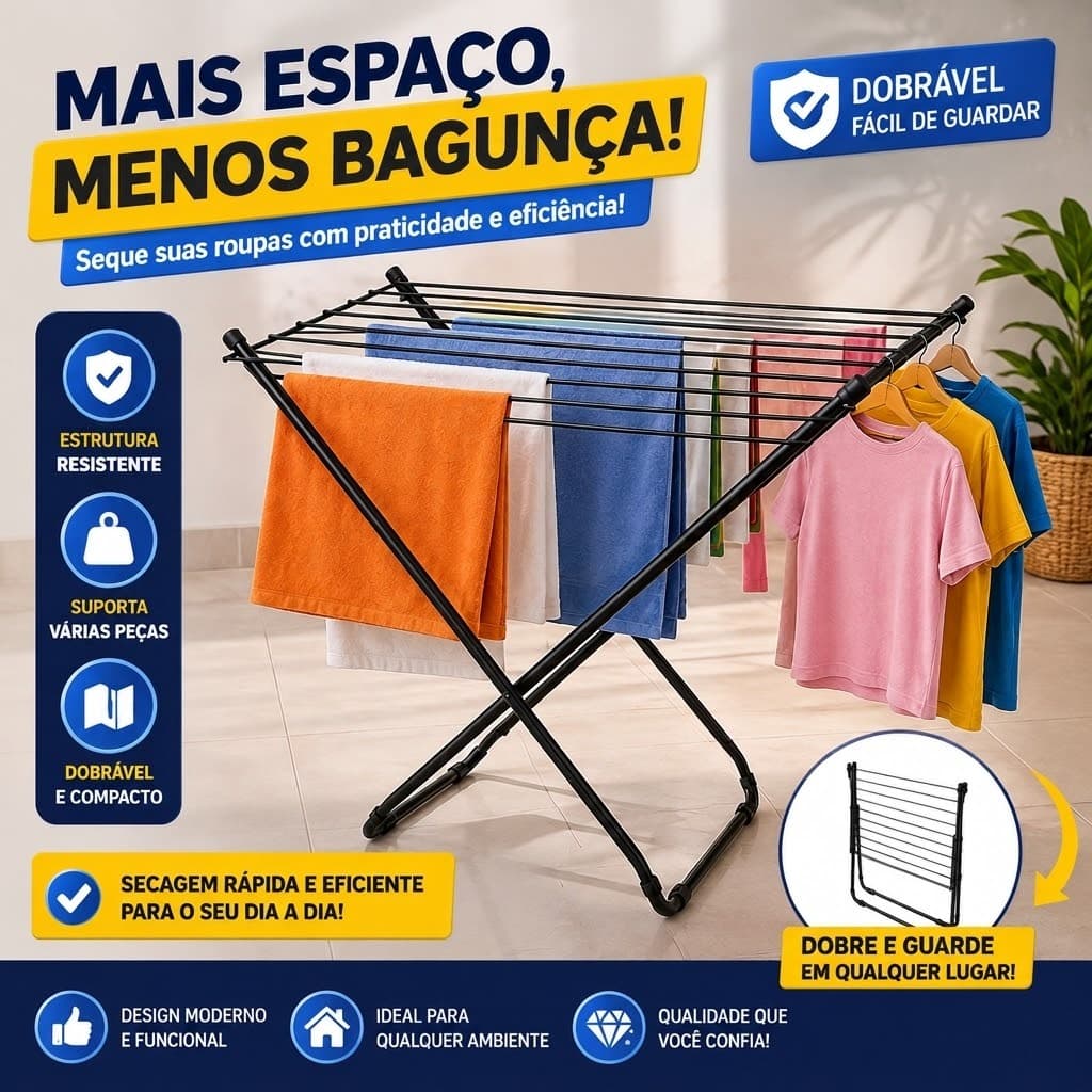 Varal De Roupas De Chão em Aço Sem Abas Dobrável Compacto Preto