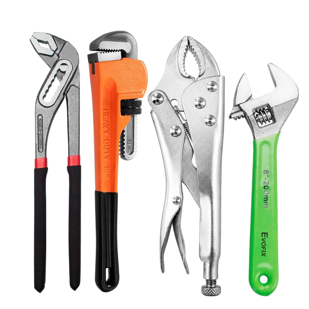 Kit Alicate Chave Inglesa + Alicate Bomba + Grifo + Alicate Pressão Aço Carbono Ferramentas Profissionais