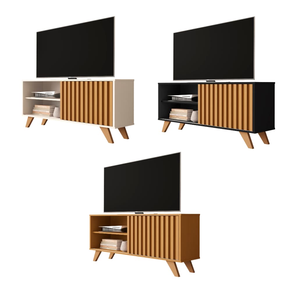 Rack Ripado Heloisa 116 cm Para Sala Com Porta de Correr e Prateleiras para Tv Moderno