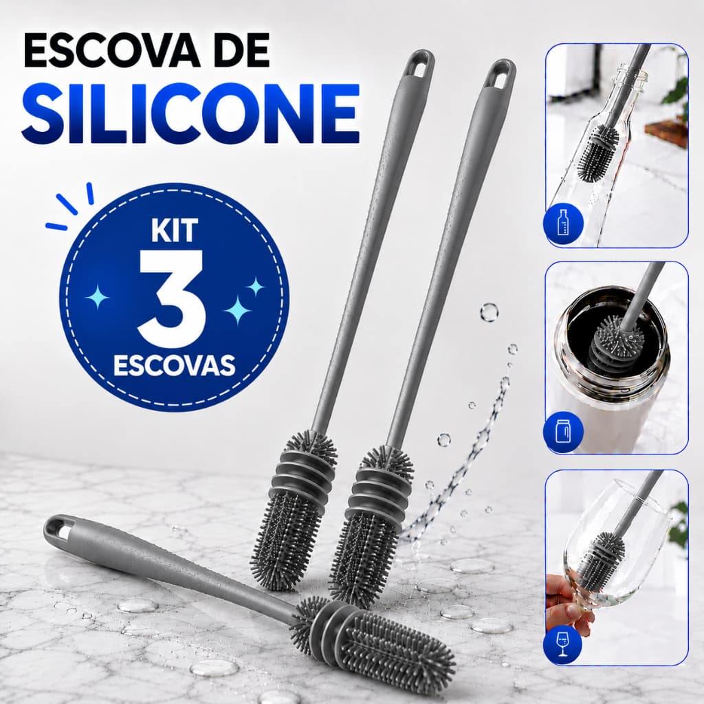 Kit 3 Escovas de Silicone para Lavar Copo Garrafa Mamadeira Taça Squeeze Escovinha de Limpeza Cabo Longo Antibacteriana