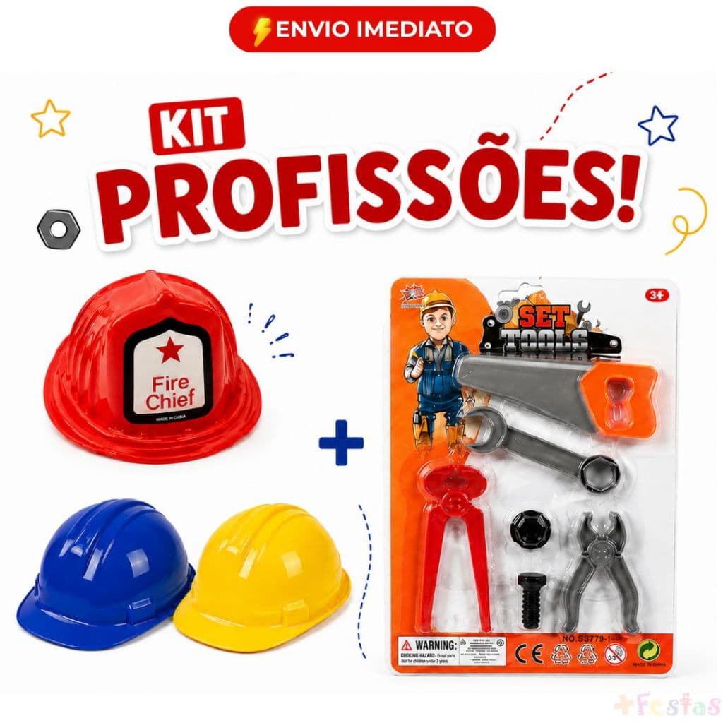 Kit 7 Itens Profissão Acessório Infantil Bombeiro Engenheiro Capacete + Ferramentas Dia Das Crianças