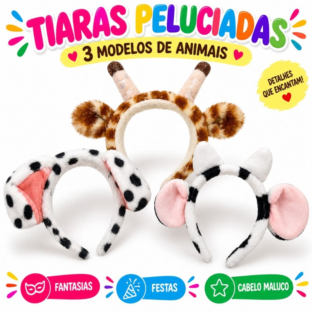 Tiara Peluciada Infantil Animais Girafa Dálmata Vaquinha Fantasia Festa Cabelo Maluco