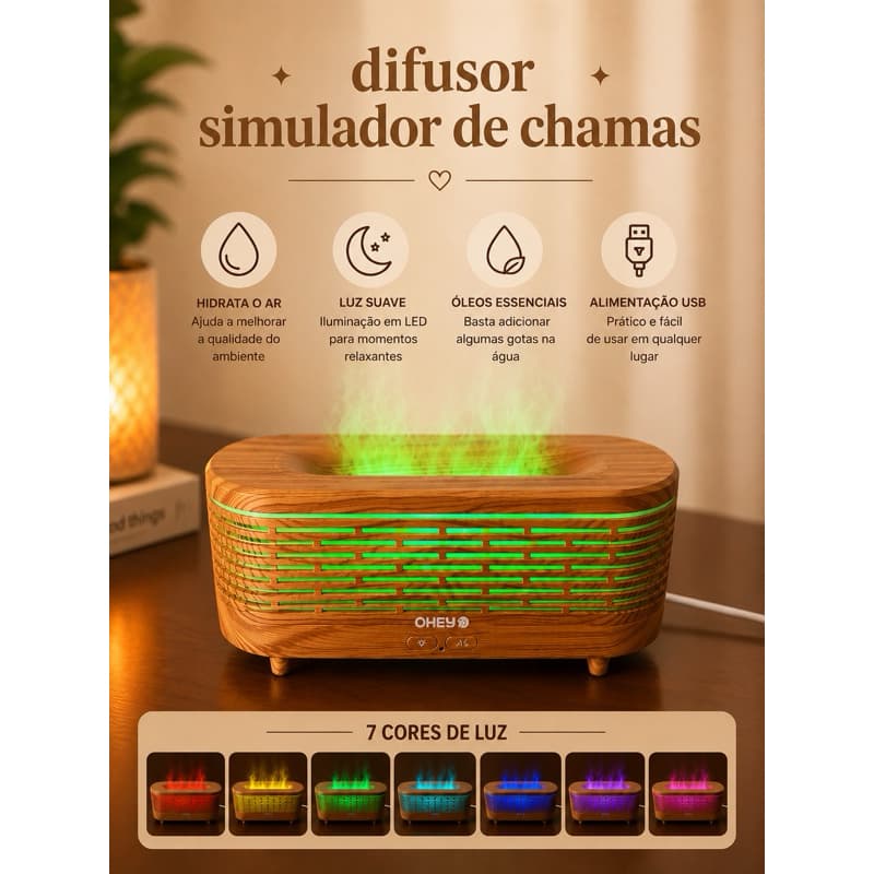 Difusor Aromatizador de ambiente com Efeito de Chamas em LED + Umidificador