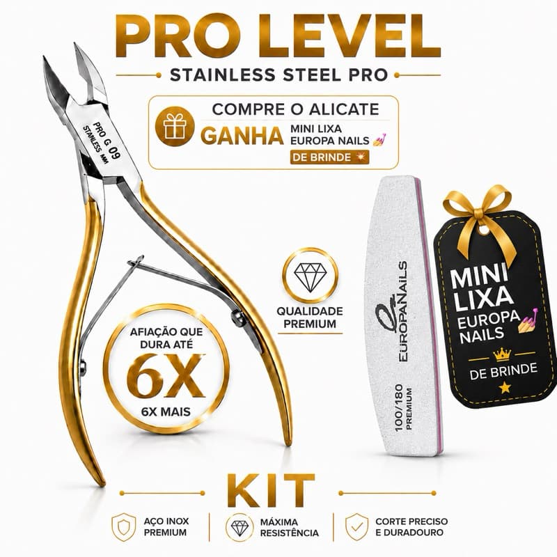 Alicate de Cutícula Afiado Corte Preciso Durabilidade 6x Stainless Pro Level G 09 + Mini Lixa BRINDE