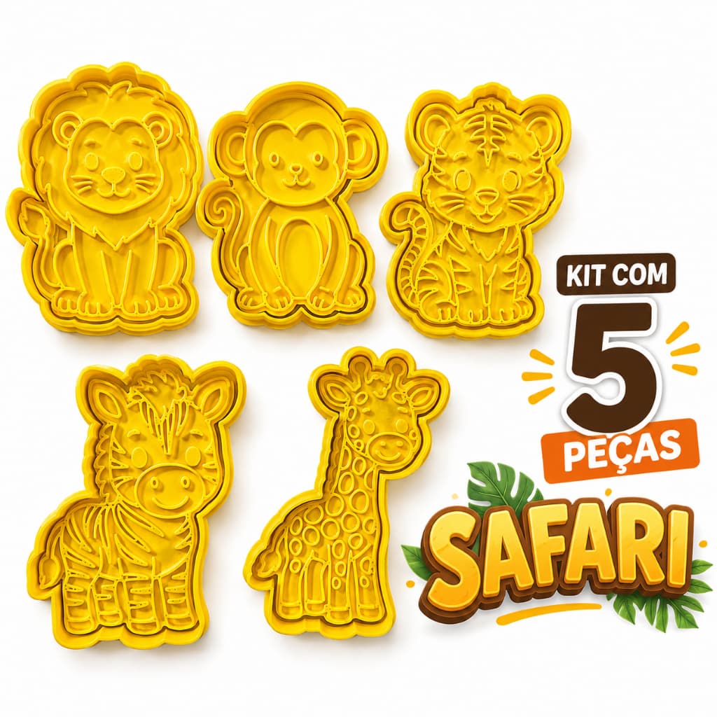 Kit 5 Cortadores de Biscoito Safari Animais da Selva 7,5cm Bolacha Pasta Americana Biscuit Massinha Infantil