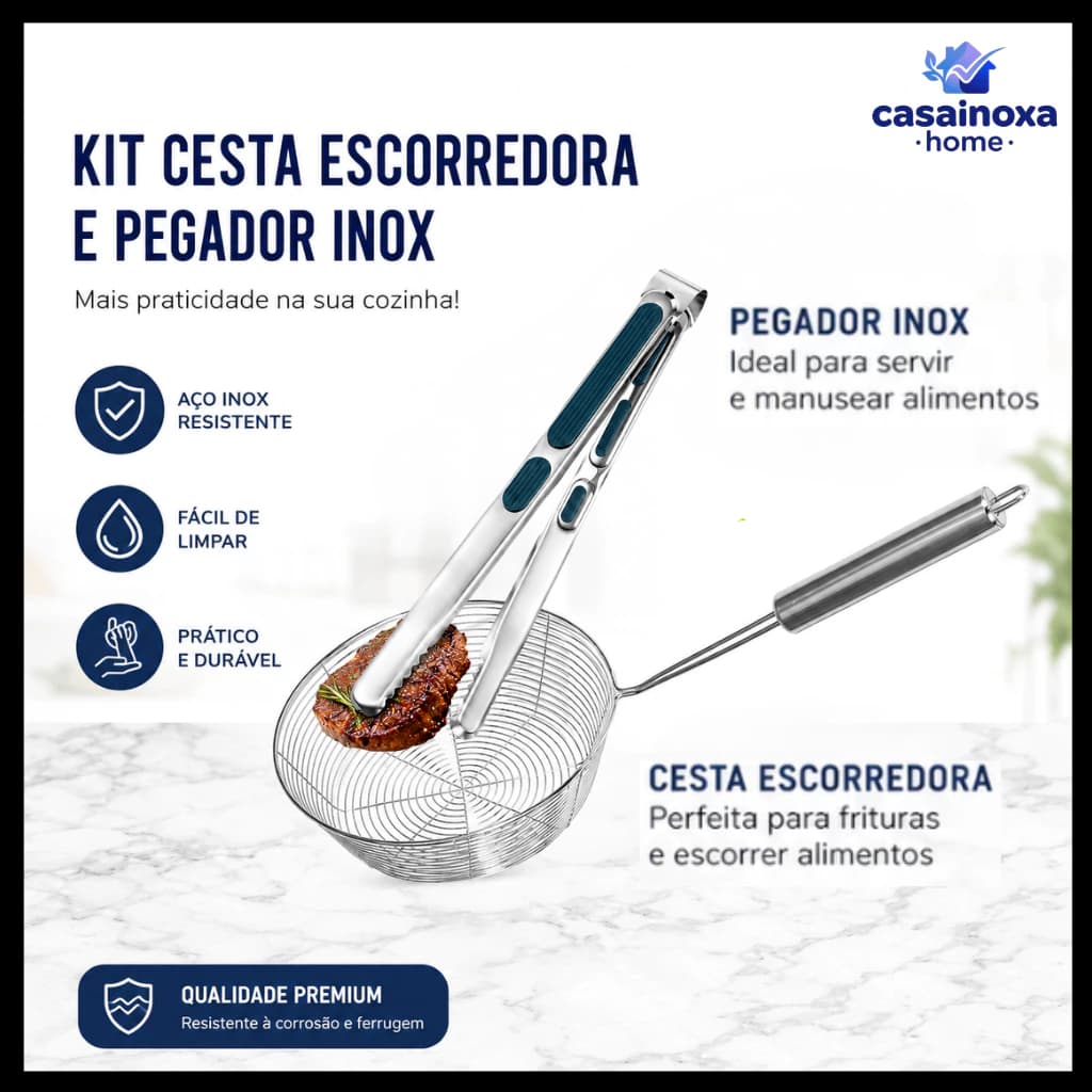 Escumadeira Cesto Aço Inox para Fritura e Massas com Pegador Inox Multiuso Cozinha
