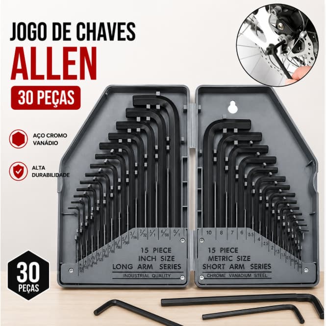 Kit de Chaves Allen com 30 Peças - Conjunto Hexagonal Interno Métrico e Imperial, Chave Allen em L com Ponta Plana