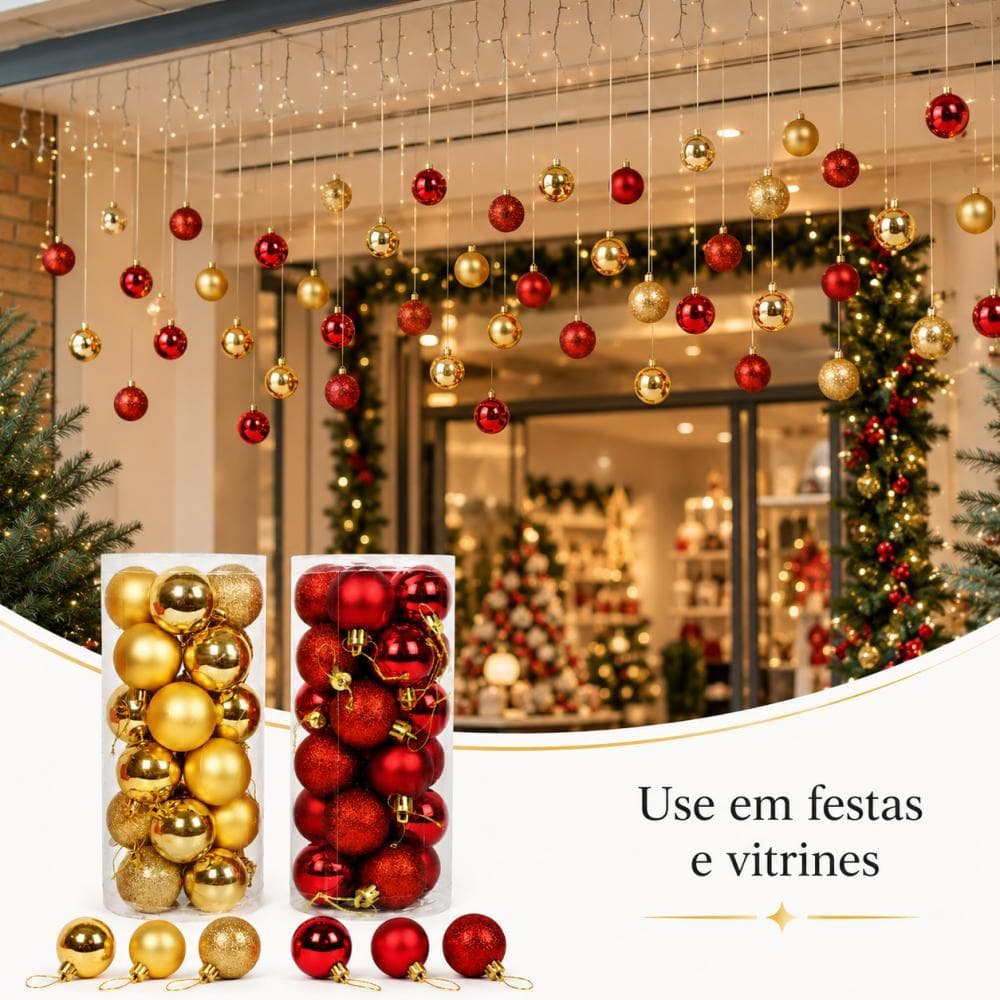 Kit 24 Bolas de Natal 4cm, Enfeites Decorativos para Árvore de Natal Vermelho e Dourado, Decoração Natalina Casa
