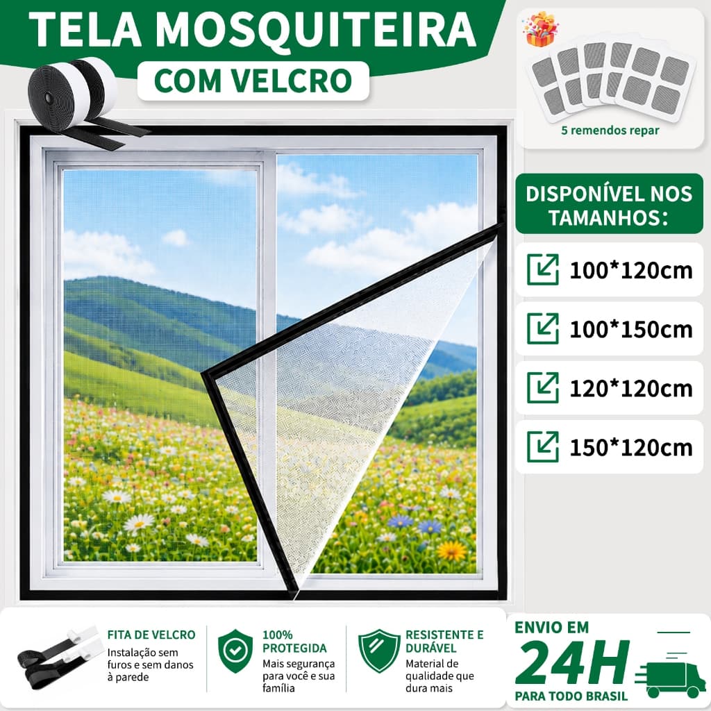 Tela Mosquiteiro para Janela com Velcro Anti-Insetos Fibra de Vidro Resistente e Lavável + 5 Remendos para Reparo