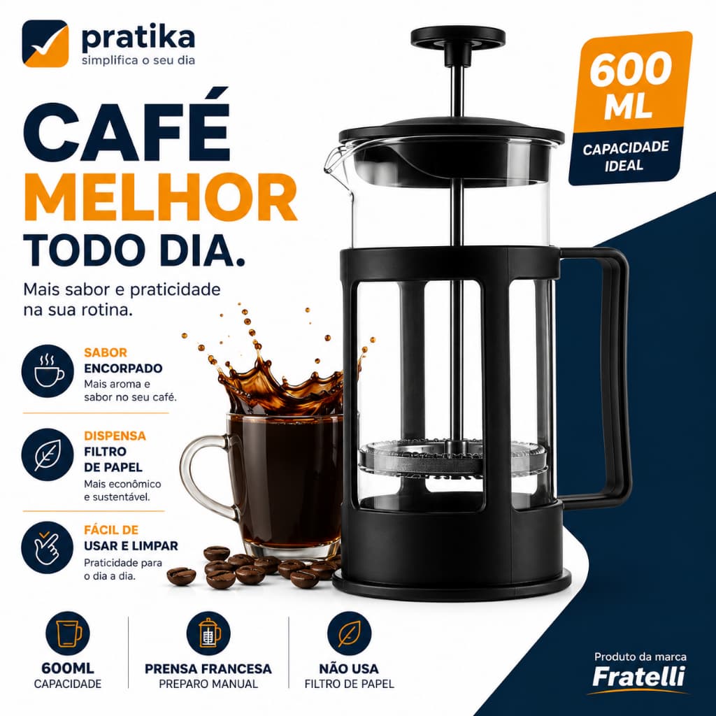 Cafeteira Francesa 600ml Prensa Francesa para Café com Filtro Reutilizável Fratelli