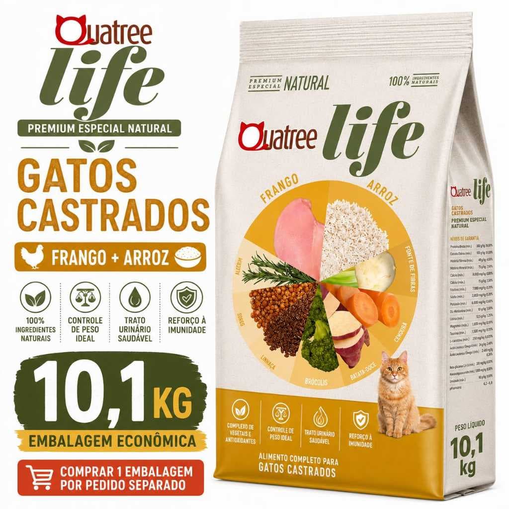 Ração Quatree Life Pra Gatos Castrados 10,1Kg Sabor Frango