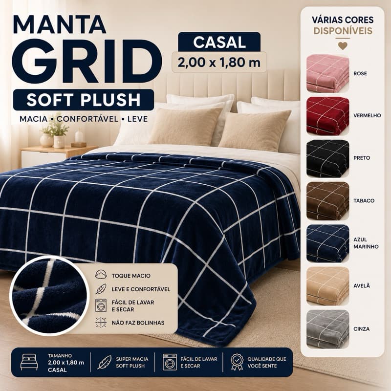 Cobertor Manta Soft Plush Grid Cama Casal 2,00 x 1,80 Macio e Confortavél