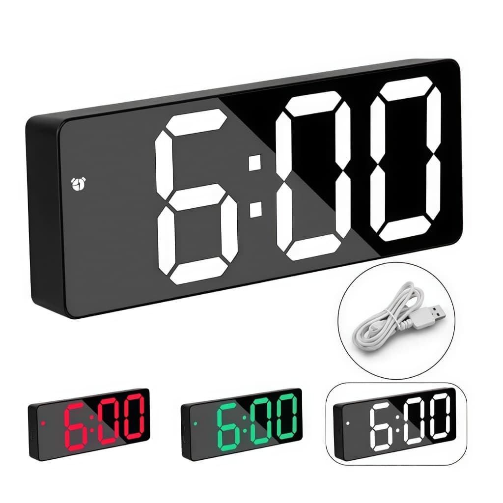 Relógio Digital de Parede LED com Alarme, Brilho Ajustável e Controle de Voz - Preto e Branco