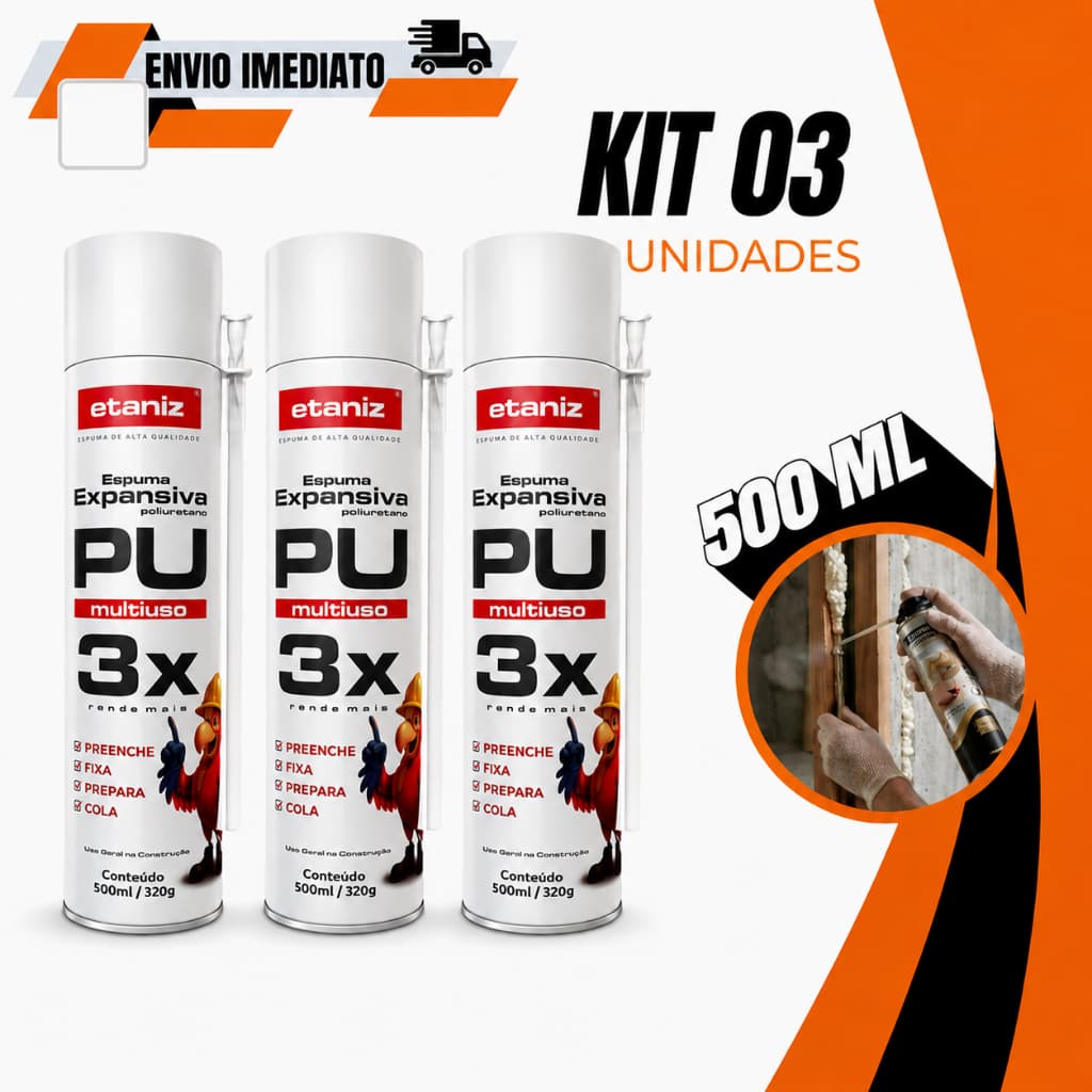 Kit 3 Espuma Expansiva Profissional 500ml / 310g – para Vedação, Preenchimento e Isolamento