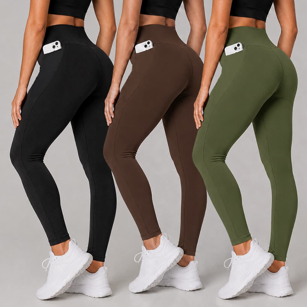 Kit 3 Calças Legging Fitness Grossa Feminina Cintura Alta Com Bolso Zero Transparência