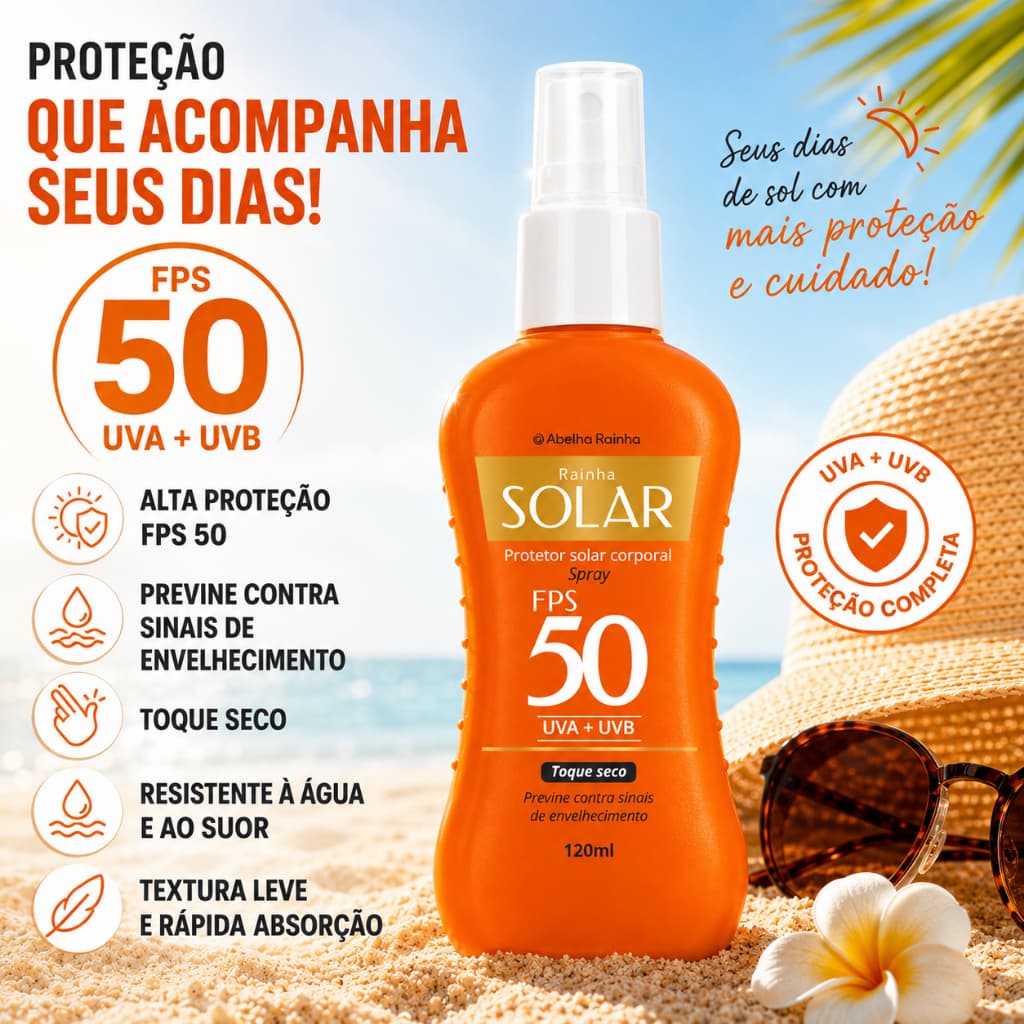 Protetor Solar Corporal Spray FPS 50 Rainha Solar UVA + UVB Toque Seco 120ml