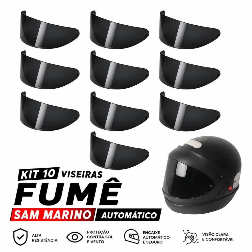 kit Com 10 Viseiras Fume Capacete Sam Marino Automático Pro Tork 788 Tamanho 56 58 60