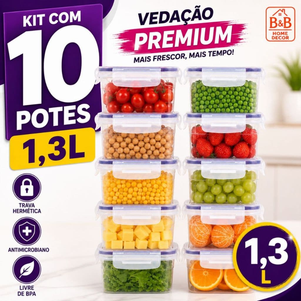 Kit 10 Potes Herméticos 750ml com Travas Marmita Fit BPA Free Organizador Geladeira Freezer