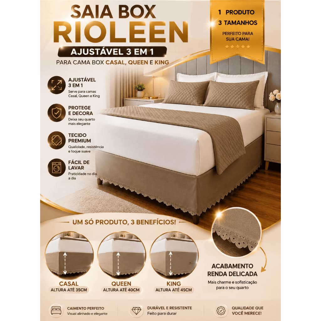 Saia Box Rioleen para cama box Ajustável 3 em 1 para Cama Casal, Queen e King