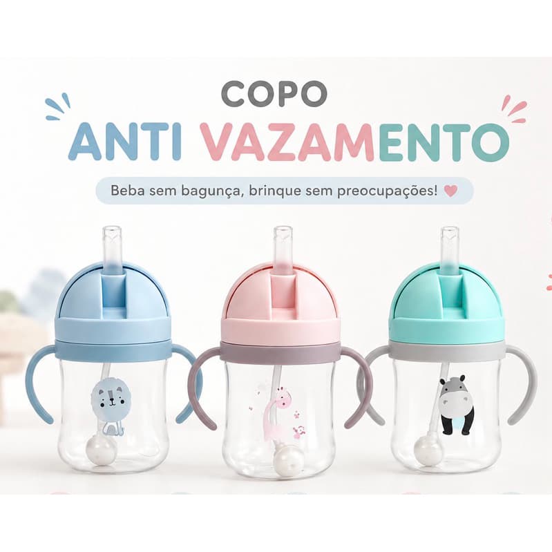 Copo de Treinamento Infantil para o Bebê Transição Anti Vazamento com Canudo e Alça 250ml