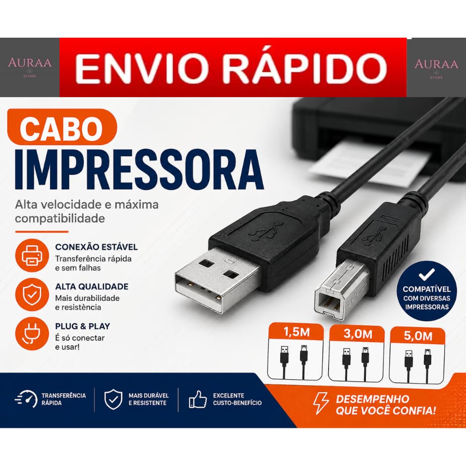 Cabo Impressora Multifuncional USB Tipo B 2.0 AM/BM 1,5M 3M 5 Metros HP Epson Canon Térmica EcoTank