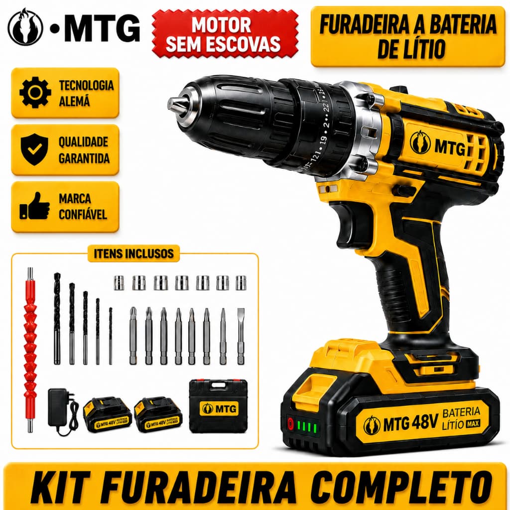 Kit Furadeira Parafusadeira Sem Fio MTG 48V Brushless com 2 Baterias, Maleta e Acessórios