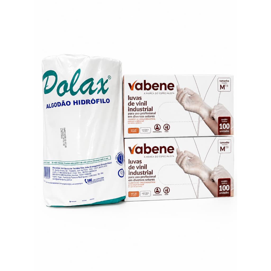Kit Algodão Hidrófilo Polax 500g + 2 Caixas Luva Vinil Vabene