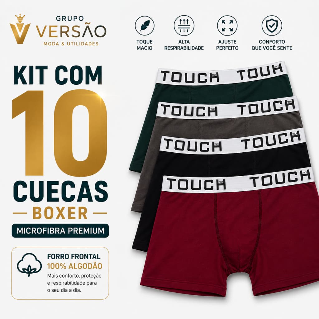 Kit 10 Cuecas Boxer Masculinas Microfibra Forro 100% Algodão Confortável Elástico Touch