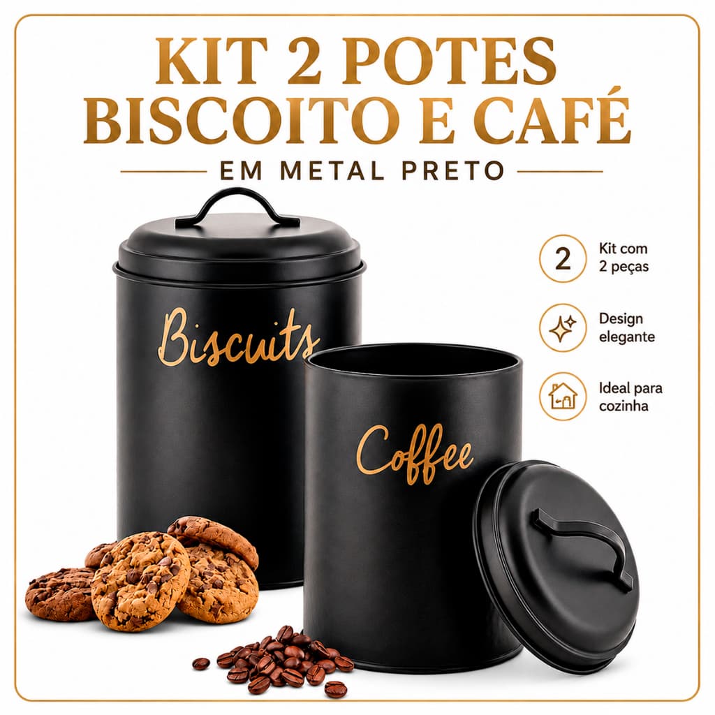 Porta Mantimentos Café e Biscoitos Aço Galvanizado Preto Organização Cozinha Premium