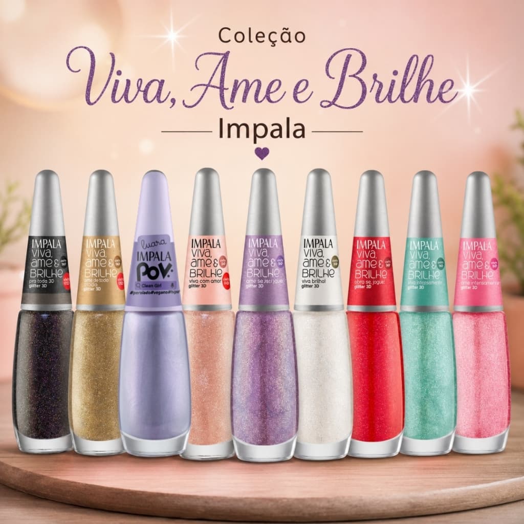 Kit Esmalte Impala Viva Ame Brilhe Coleção Manicure Glitter 3D